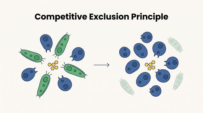 Competitive exclusion principle diagram showing two species competing for limited resources and the subsequent decline of one population