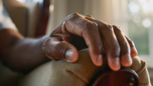 Rubbing right arm, hand at home, curling fingers along armrest with sun warming arm