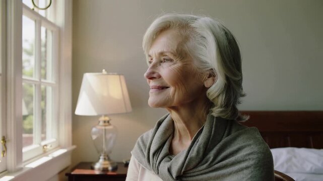 Adjusting senior woman prompted by morning light, smoothing gray shawl in bedroom wearing blouse