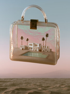 Transparent iridescent handbag contains a miniature poolside villa. Ideal for luxury travel campaigns, surreal fashion ads, and resort branding.