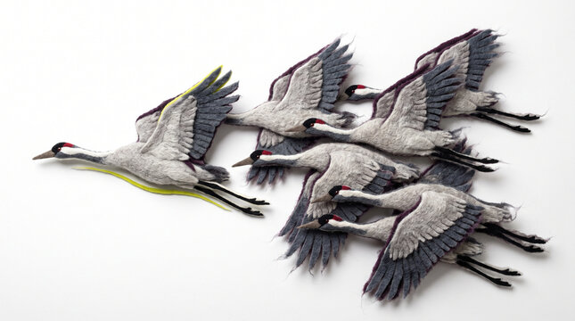 Birds flying in V formation with one highlighted crane  
