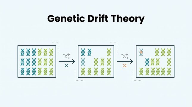 Genetic drift theory illustration showing random changes in allele frequency within a population over multiple generations in a scientific diagram