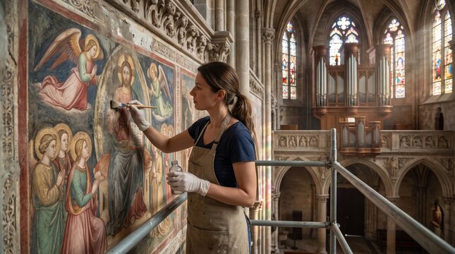 Female restorer working on a religious fresco mural inside a Gothic cathedral