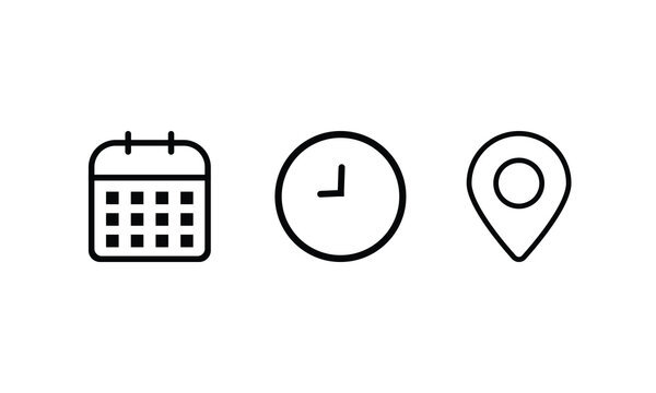 vector date, time, location, clock symbols, location icon, date set icon