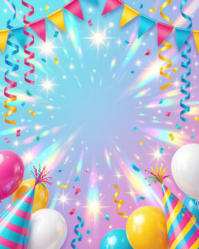 Colorful birthday celebration background with balloons, streamers, and confetti.