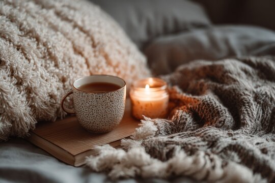 Warm drink and candle on a cozy blanket in a soft bed setting during evening time