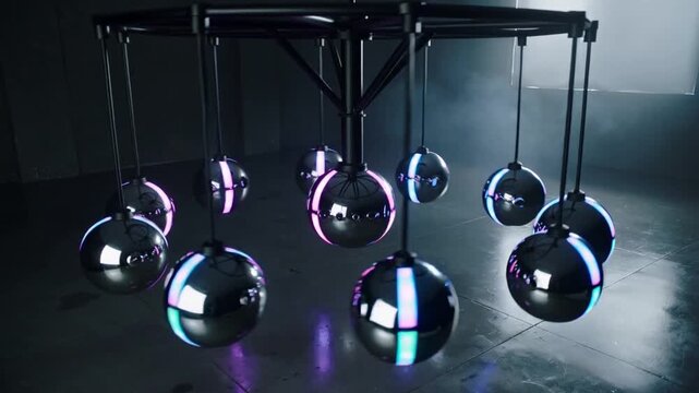Camera pulling back, swinging chrome spheres making cyan magenta ripples under mast dim studio