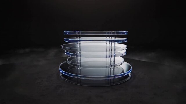 Animating glass rings shifting and stacking on floor under light, showing rods and bands for demo