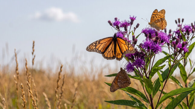 Butterflies resting on purple flowers in a sunny field  