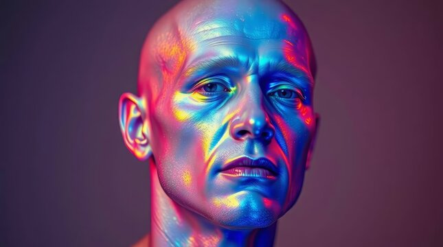 Futuristic cinematic portrait of a bald man illuminated by vibrant neon blue and pink light
