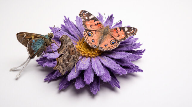 Butterflies resting on a purple flower in a minimalistic setting  