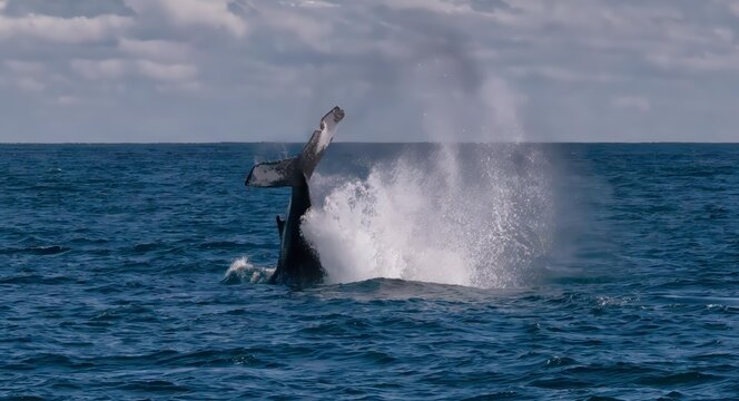 View of a humpback whale breaching in the ocean with a large splash near Rottnest Island in Perth, Western Australia, Australia.