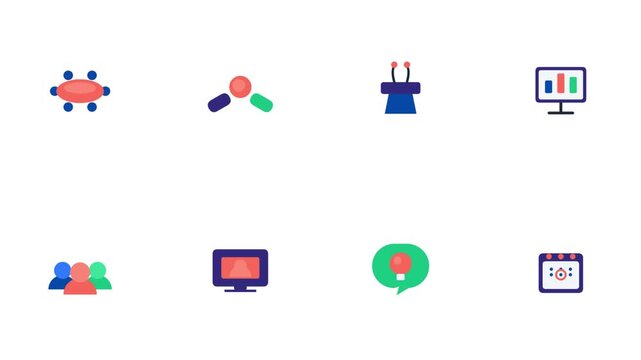 Corporate business icon set: meeting, presentation, teamwork, and digital communication