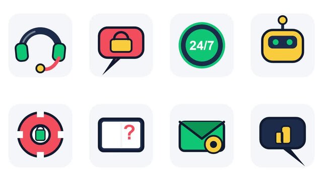 Customer support and digital security icon set: animated business communication