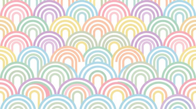 Pastel rainbow pattern background, colorful geometric arch wallpaper, seamless nursery art texture, soft multicolored line design