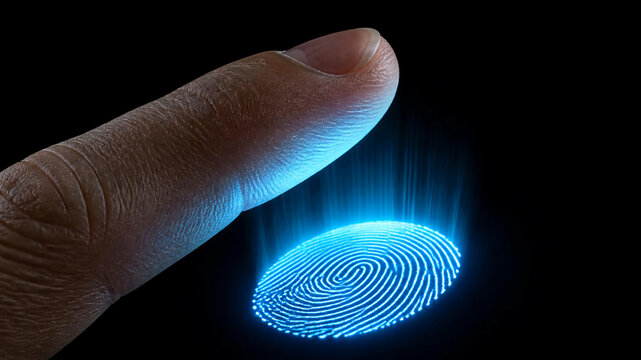 A close-up of a finger scanning against a glowing blue digital fingerprint projection on a black background.