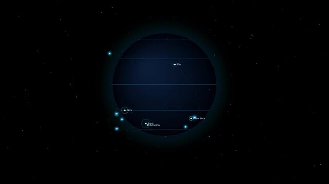 Digital earth globe with glowing global city network nodes and data connections in dark space