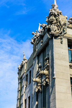 House with chimeras in Kiev, Ukraine. Art Nouveau building with sculptures of the mythical animals was created by architect Vladislav Gorodetsky between 1901 and 1903.