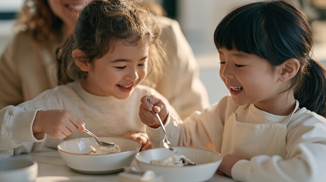 Two children in warm indoor light taste test a batch of homemade product while a business coaching mentor observes candidly, a small physical prototype model of a proposed