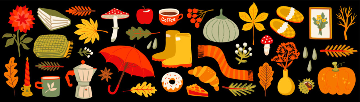Autumn sticker set with pumpkin, coffee and cozy fall food like croissant, donut and apple pie. Umbrella, boots and knitted scarf sit on black background among mushrooms and warm autumn leaves