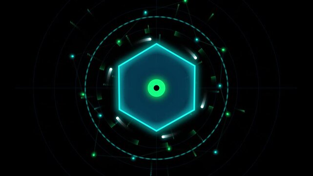 Futuristic hexagon hud interface with glowing digital particles and rotating circular data rings