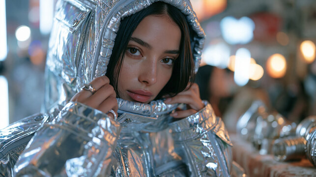 A model welcomes a newcomer to an iridescent liquid runway shoot against a busy urban backdrop, close up of careful hands adjusting a reflective fabric collar, the symbolic still