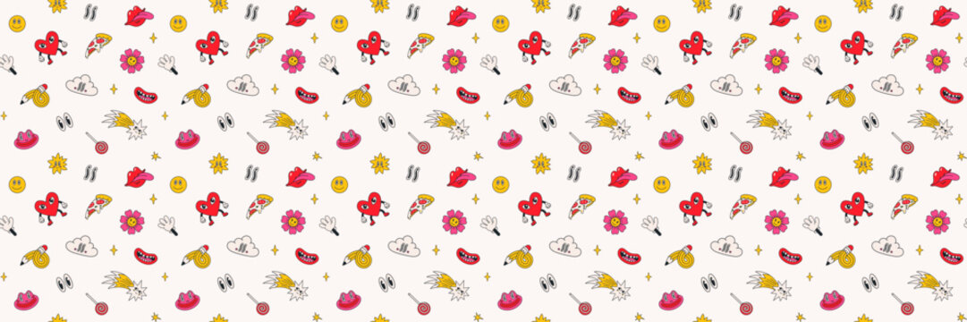 Funky groovy cartoon with hearts, flowers and candy