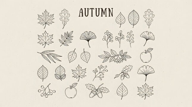  Autumn line art doodle set with leaves, acorns, berries, apples, and botanical elements on light background
