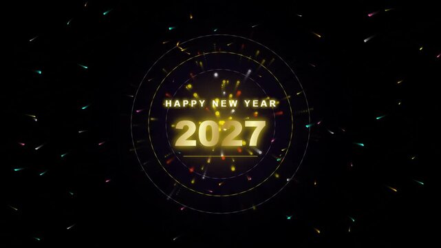 Happy new year 2027 gold text animation with glowing particles and circular motion