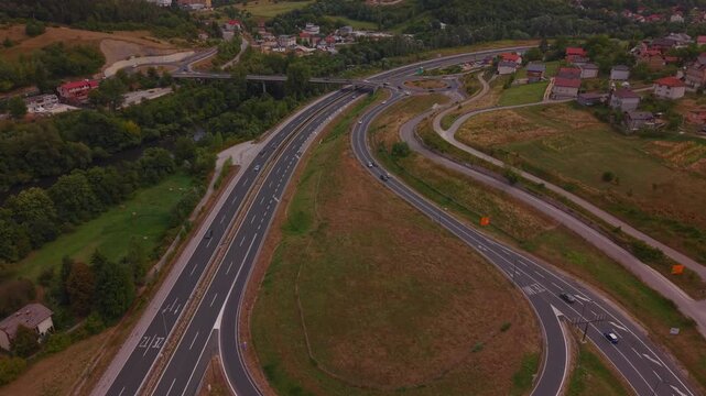 Aerial View of Highway A1 Interchange Loop and Roundabouts Flying Towards Vogosca Bosnia and Herzegovina