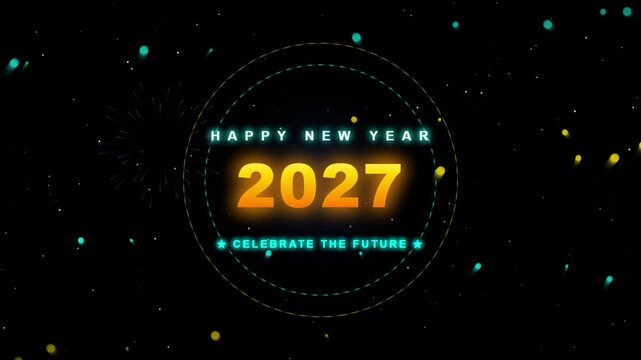 Happy new year 2027 neon celebration background, with glowing particles, and fireworks motion
