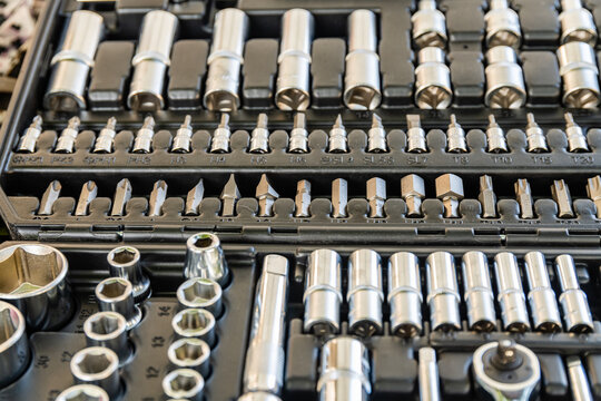 Socket set with socket wrench. Toolkit for the car maintenance