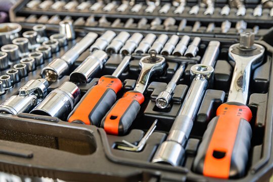 Socket set with socket wrench. Toolkit for the car maintenance