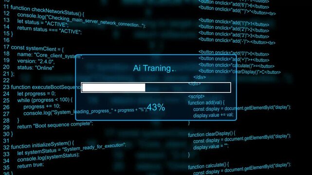 AI training machine learning model optimization progress bar animation loop with percentage loading box on dark code background asset