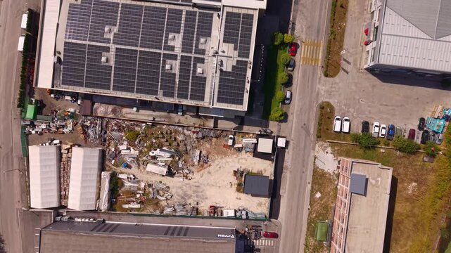 Aerial Top Down View of Solar Panels on Warehouse Roofs in Industrial Zone Near Vogosca Bosnia and Herzegovina