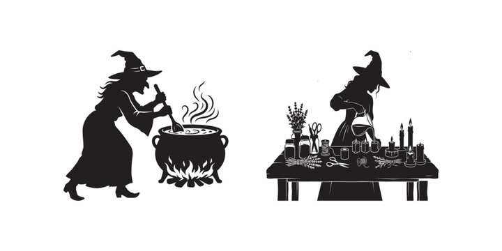 Black silhouettes of witches preparing magic potions in a cauldron and mixing ingredients on a table for a Halloween celebration.