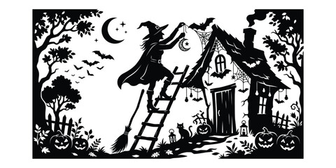 Fototapeta premium A vintage style black and white illustration of a witch climbing a ladder to the roof of a spooky cottage.