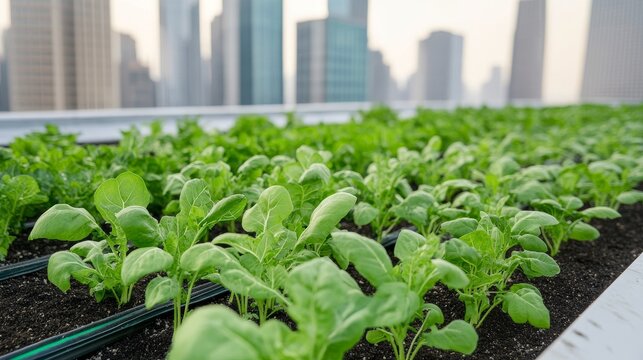 Pastel Evening Across the Energy-Smart City Grid: Urban Rooftop Farm Above Office Building Skyline Background S