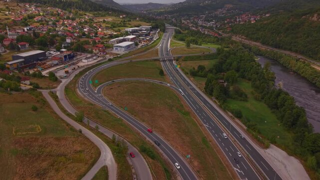 Aerial View of Highway A1 Interchange and Krivoglavci Industrial Zone Near Vogosca Bosnia and Herzegovina