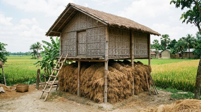A traditional bamboo stilt house with a thatched roof, elevated above a large stack of harvested rice straw in a rural countryside setting