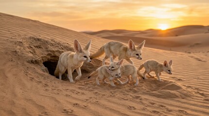 Fototapeta premium Fennec Foxes Emerge at Dawn: A family of adorable fennec foxes with their signature large ears emerge from their desert burrow as the sun rises, casting a warm golden glow over the sand dunes.
