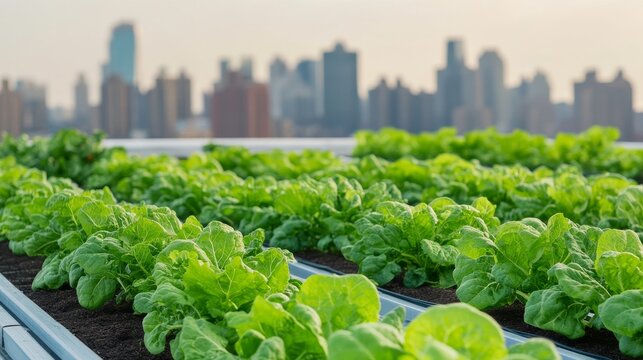 Radiant Sundown Across the Energy-Smart City Grid: Urban Rooftop Farm Above Office Building Skyline Background S &acirc;&euro;&ldquo; Skyline Study 4