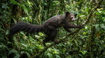 Fototapeta premium Aye-aye Lemur Climbing in Rainforest: A fascinating aye-aye lemur, with its unique elongated finger, navigates through the dense foliage of a vibrant rainforest, showcasing its arboreal agility.