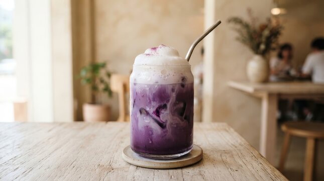 Iced Ube Latte Bliss: A vibrant iced ube latte, with its distinct purple hue and creamy foam, rests on a wooden table in a cozy cafe setting, a perfect blend of sweet refreshment and visual delight.