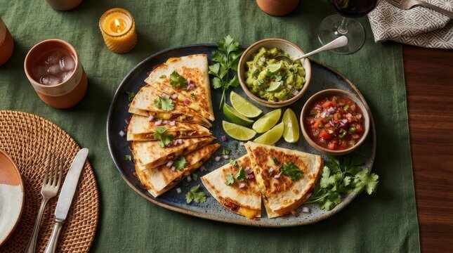 Gourmet Quesadilla Platter: A tantalizing quesadilla platter featuring golden-brown tortillas, vibrant salsa, creamy guacamole, and fresh lime wedges.