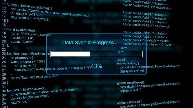 Data sync in progress cloud backup status bar animation loop with percentage loading box on dark code background visual asset