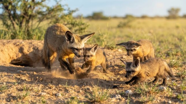 Bat-eared Fox Family: A mother bat-eared fox emerges from her burrow with her pups, surrounded by the arid landscape of the African savanna, a heartwarming scene of maternal care.