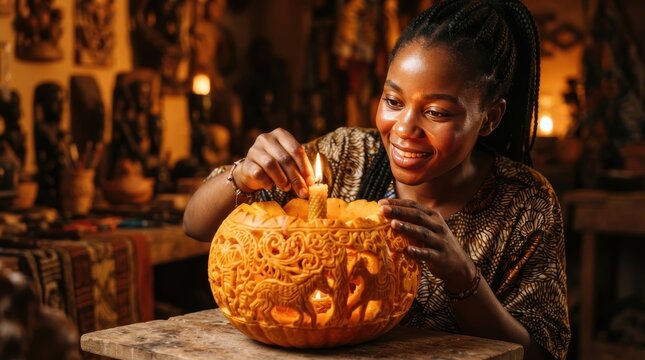 Artistic Pumpkin Carving by Candlelight: A skilled artisan meticulously carves intricate patterns into a pumpkin, illuminated by the warm glow of a candle, showcasing creativity and tradition.