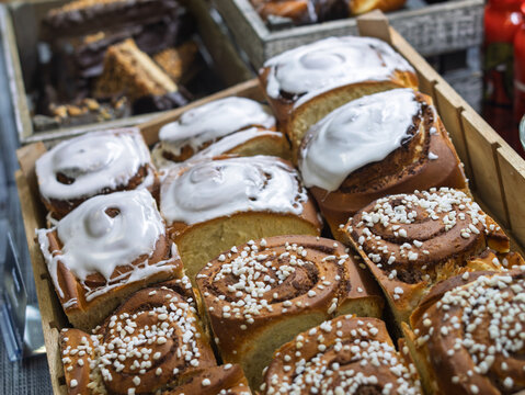 Freshly Baked Cinnamon Rolls and Sweet Pastries Display
