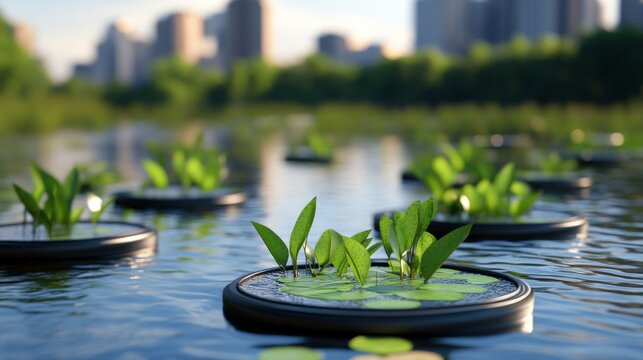 Rose Twilight Through a Nature-Positive Public Realm: Floating Wetland Platforms Cleaning Urban River Water Sustain &acirc;&euro;&ldquo; Skyline Study 3